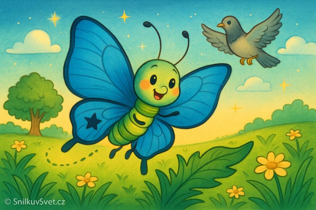 Motýl s roztaženými křídly letící nad loukou.