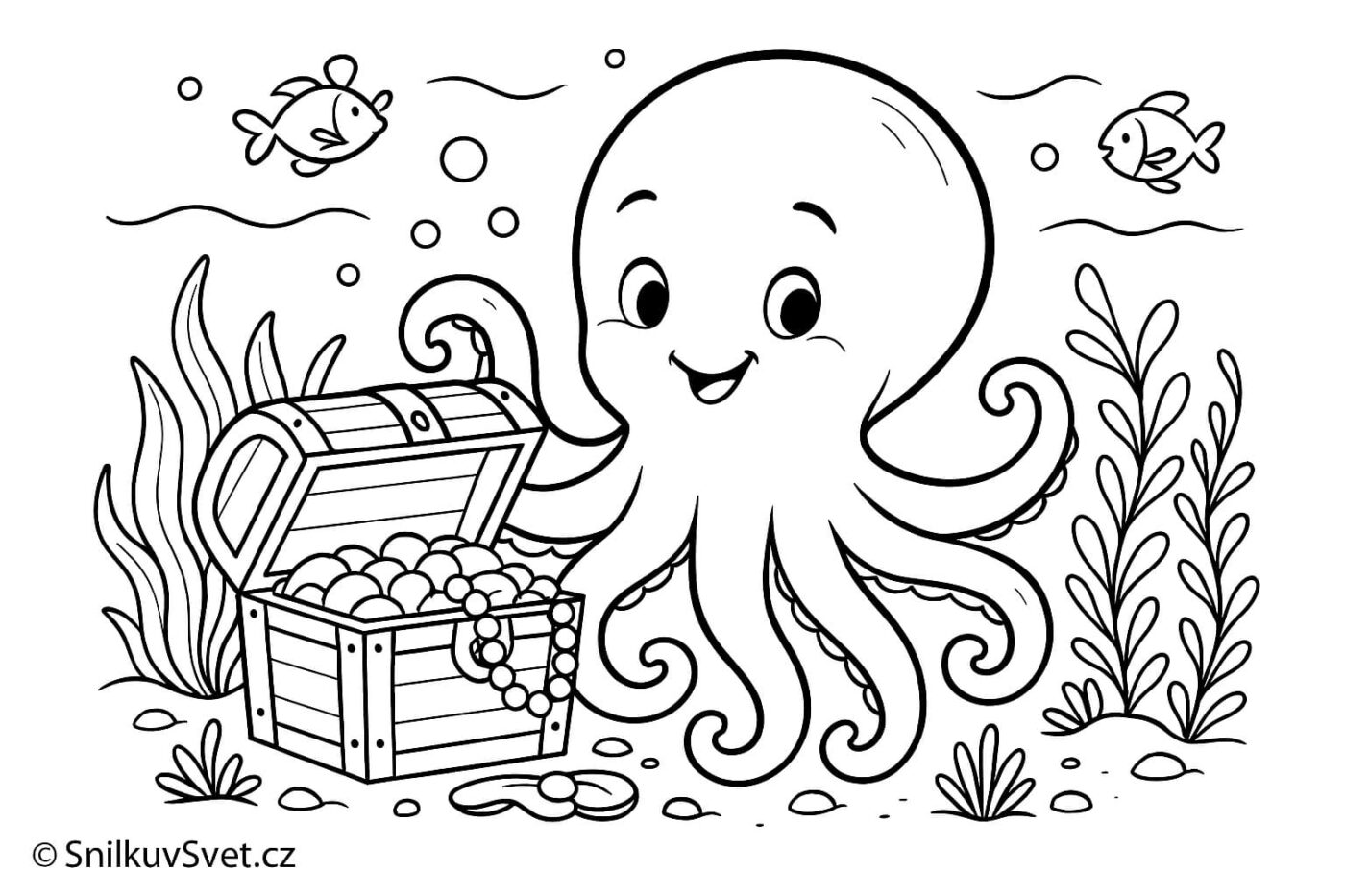 Omalovánka chobotničky s truhlou pokladu