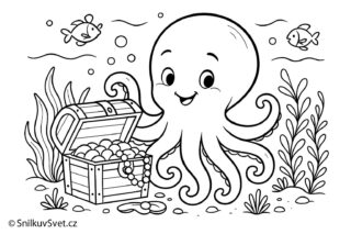 Omalovánka chobotničky s truhlou pokladu