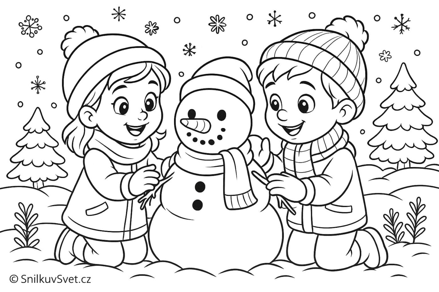 Omalovánka dětí stavících sněhuláka