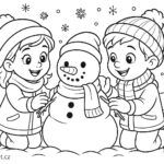 Omalovánka dětí stavících sněhuláka