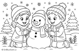 Omalovánka dětí stavících sněhuláka