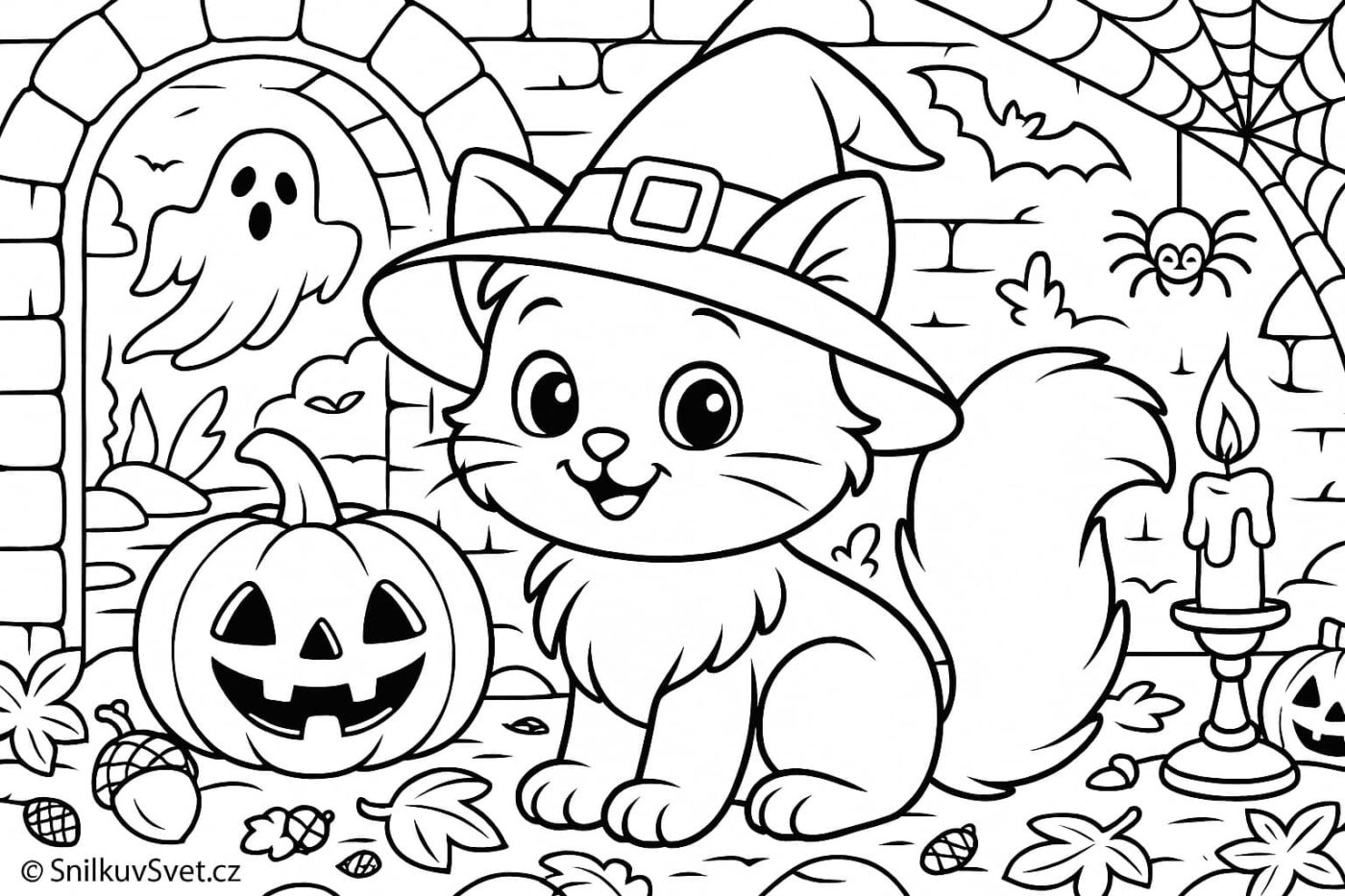 Halloweenska omalovánka – kočka s čarodějnickým kloboukem