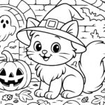 Halloweenska omalovánka - kočka s čarodějnickým kloboukem a dýní