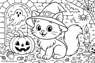 Halloweenska omalovánka – kočka s čarodějnickým kloboukem