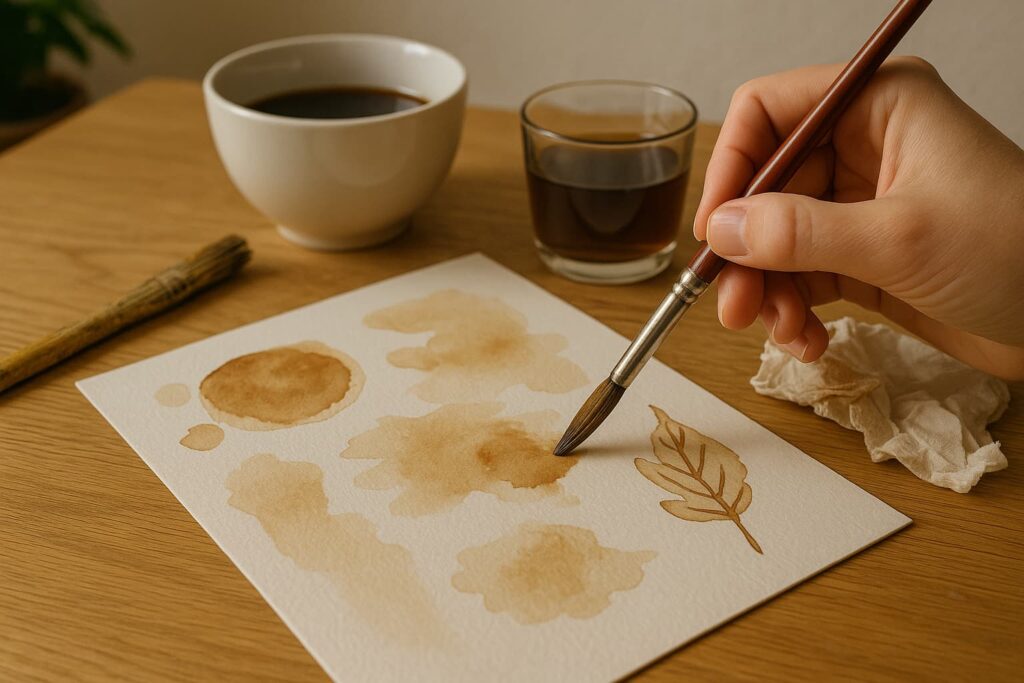 Dítě maluje obrázek štětcem a přírodními barvami z kávy a čaje – ekologické tvoření pro děti