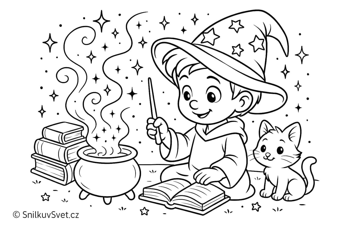 Omalovánka malého čaroděje, který vaří v kotlíku lektvar