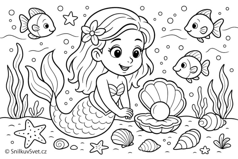Omalovánka mořské panny s perlou v lastuře