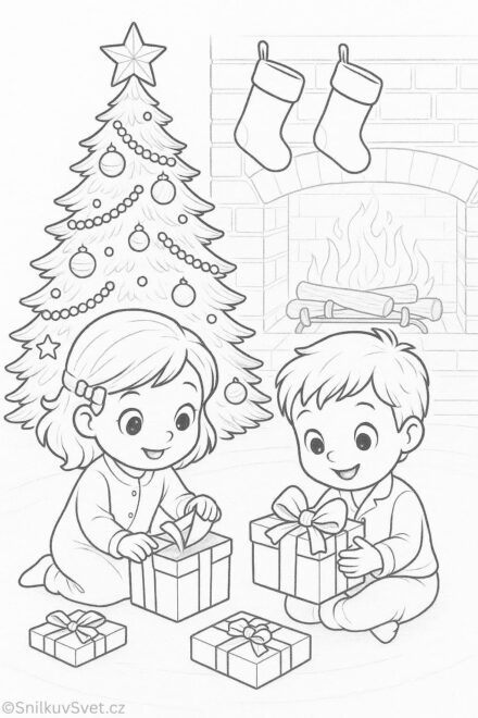 Omalovánka dětí u vánočního stromečku
