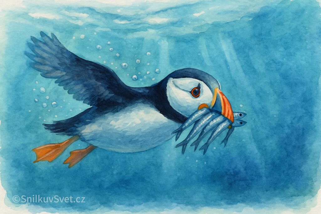 Papuchalek lovící ryby pod vodou