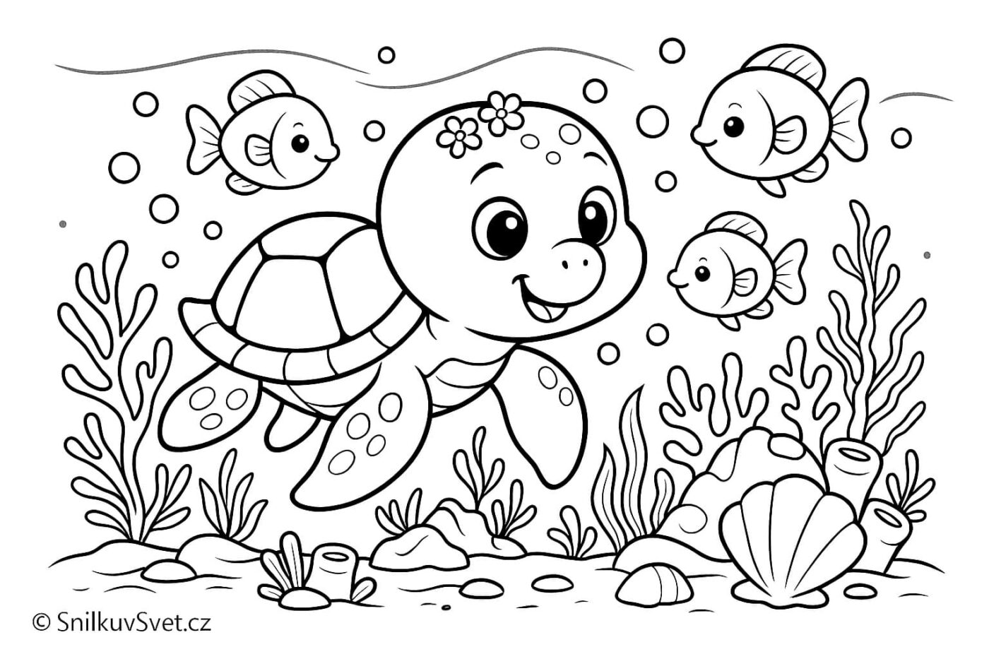 Omalovánka roztomilé malé želvičky pod hladinou