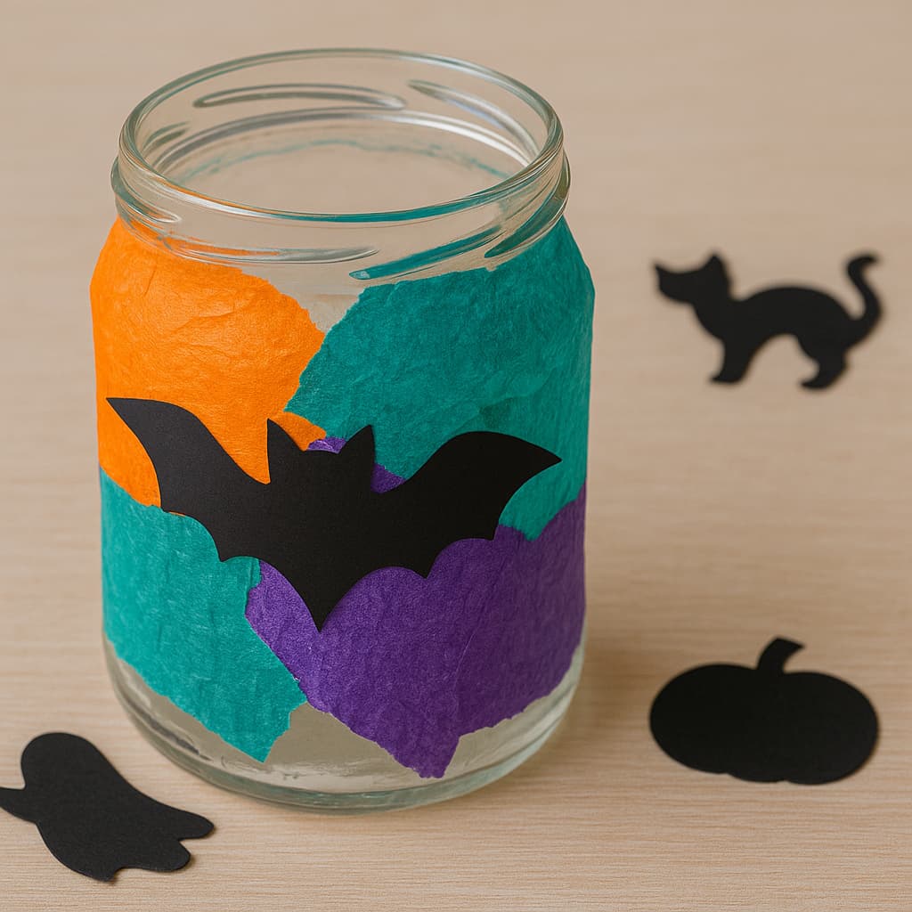 Sklenice s nalepenou siluetou netopýra