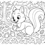 Omalovánka veverky, která sbírá v lese oříšky