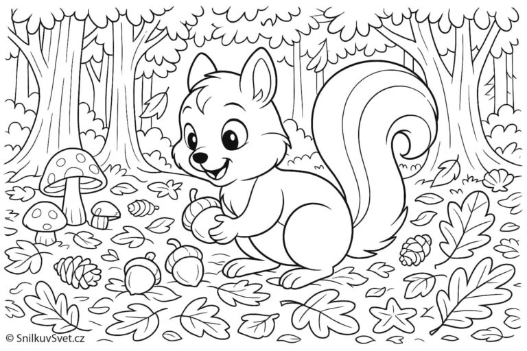 Omalovánka veverky, která sbírá v lese oříšky