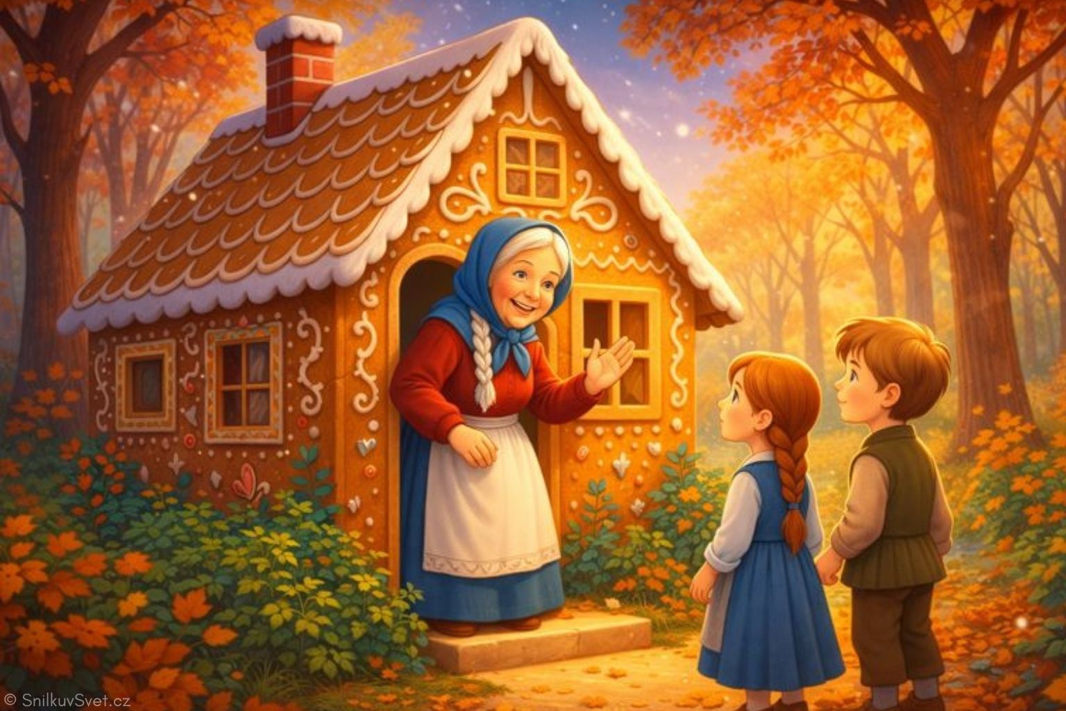 Dobrá babička Dobromila vítá dvě děti před perníkovou chaloupkou v podzimním lese