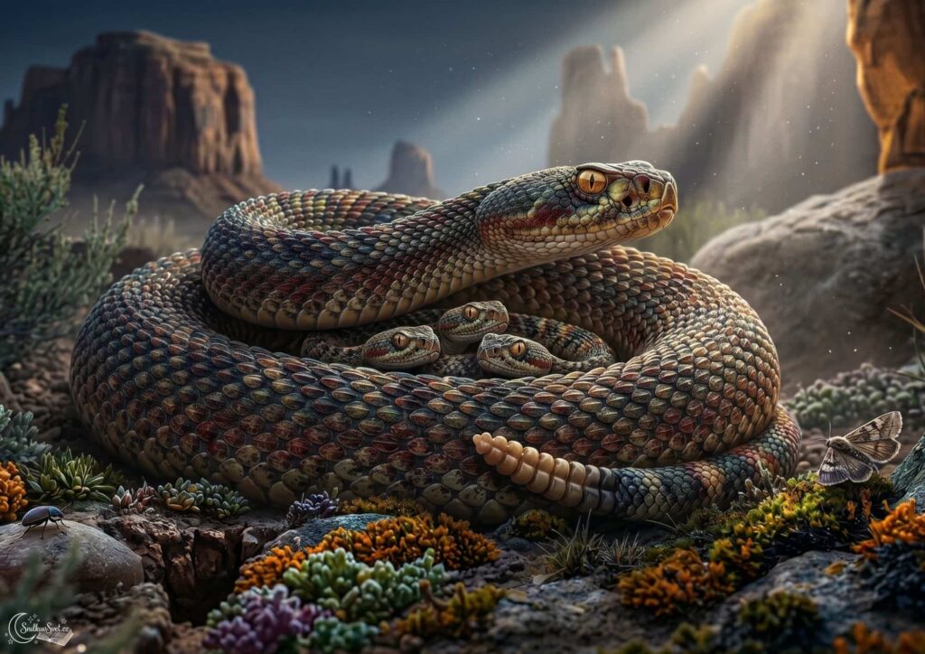 Fotorealistická ilustrace detailně zachycující samici chřestýše, která je stočená v prašné pouštní krajině a láskyplně střeží svá malá, živě narozená mláďata zalitá zlatavým sluncem.