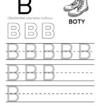 Pracovní list pro písmeno B s ilustrací bot a řádky pro trénink psaní.