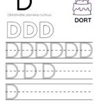Pracovní list pro písmeno D s ilustrací dortu a tréninkovými řádky.
