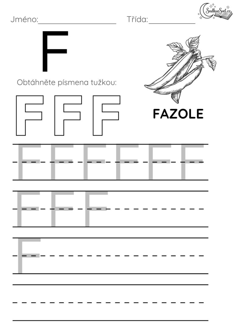 Písmeno F: Hravý pracovní list pro děti
