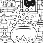 Omalovánka čarodějnická laboratoř s kotlíkem