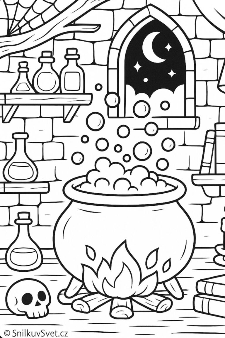 Omalovánka čarodějnická laboratoř s kotlíkem