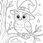 Omalovánka sovy s čarodějnickým kloboukem