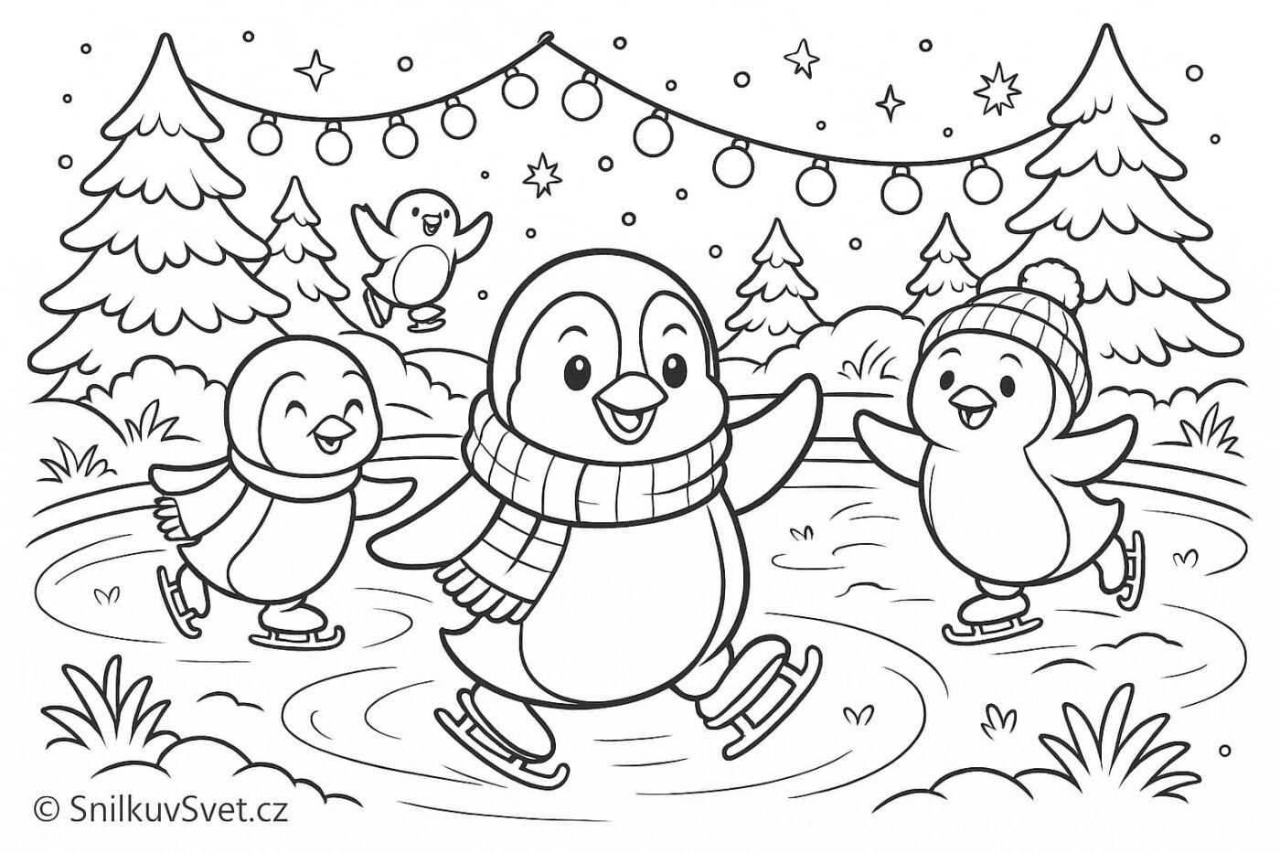Omalovánka tučňáků bruslících na ledě