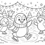 Omalovánka tučňáků bruslících na ledě