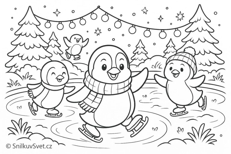 Omalovánka tučňáků bruslících na ledě