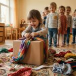 Skupina dětí ve školce, v popředí klečí holčička na koberci a s úsměvem omotává kartonovou krabici barevnou šálou, za ním v řadě stojí další děti a čekají, až na ně přijde řada.