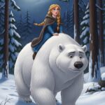 Blonďatá dívka v plášti jede v měsíčním světle na hřbetě ledního medvěda zasněženým lesem.