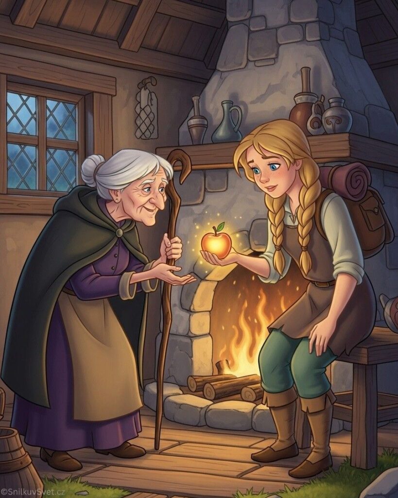Moudrá stařena předává dívce zářící kouzelné jablko