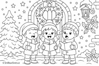 Omalovánka dětí zpívajících koledy