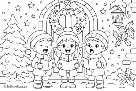 Omalovánka dětí zpívajících koledy