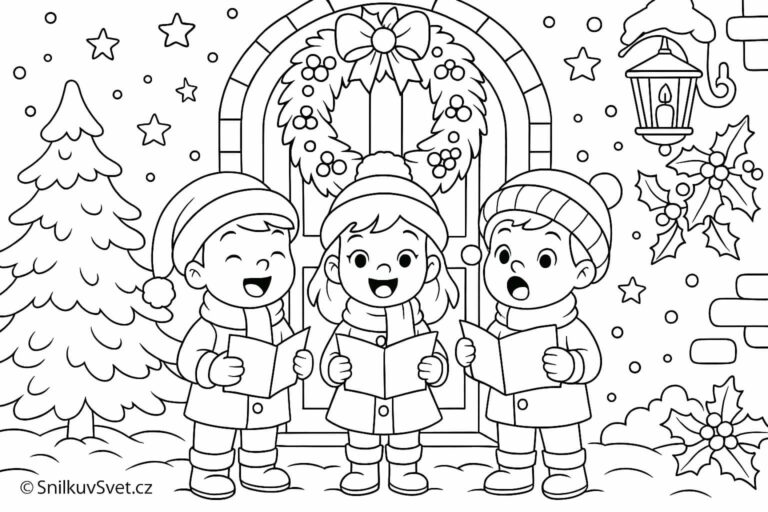 Omalovánka dětí zpívajících koledy