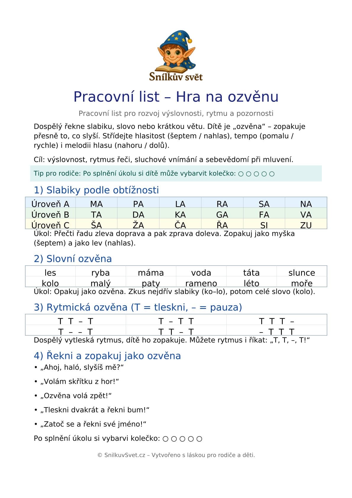 Pracovní list k vytištění Hra na ozvěnu