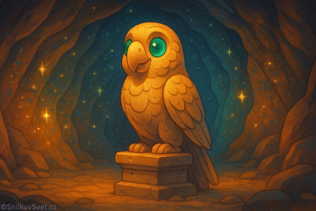 Kamenný papoušek se smaragdovýma očima