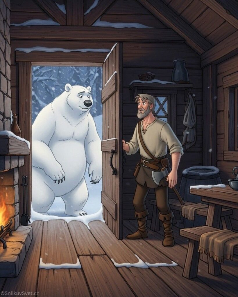 Bílý lední medvěd stojí ve sněhu ve dveřích srubové chaloupky a překvapený dřevorubec mu otevírá vřele domov.