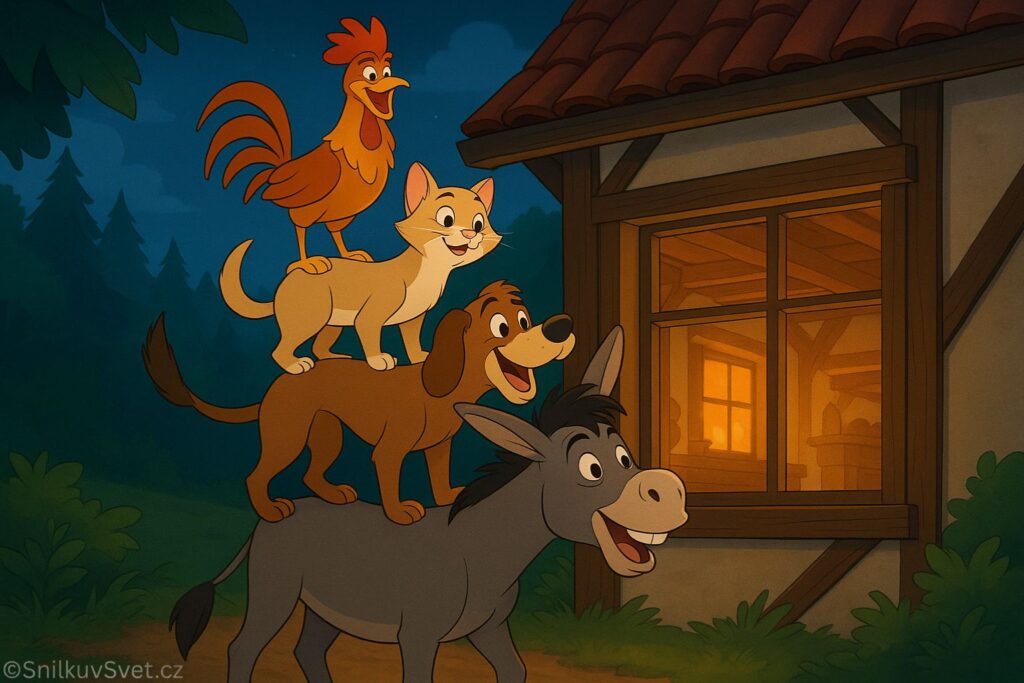 Barevná ilustrace ve stylu Disney zobrazuje osla, psa, kočku a kohouta, jak stojí jeden na druhém a nahlížejí oknem do osvětleného domku uprostřed lesa. Scéna pochází z klasické pohádky o zvířecích muzikantech z Brém.