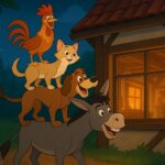 Barevná ilustrace ve stylu Disney zobrazuje osla, psa, kočku a kohouta, jak stojí jeden na druhém a nahlížejí oknem do osvětleného domku uprostřed lesa. Scéna pochází z klasické pohádky o zvířecích muzikantech z Brém.