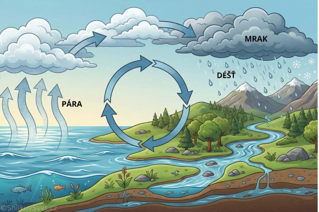 Ilustrace znázorňující koloběh vody v přírodě. Vlevo slunce ohřívá oceán, ze kterého stoupá pára vzhůru k mrakům. Mraky se shlukují a nad horami a lesy se z nich snáší déšť a sníh. Voda z deště a tání sněhu vytváří řeku, která se klikatí krajinou a vrací se zpět do oceánu. Uprostřed je kruhová šipka symbolizující nekonečný cyklus. Klíčové fáze (PÁRA, MRAK, DÉŠŤ) jsou popsány českými popisky.