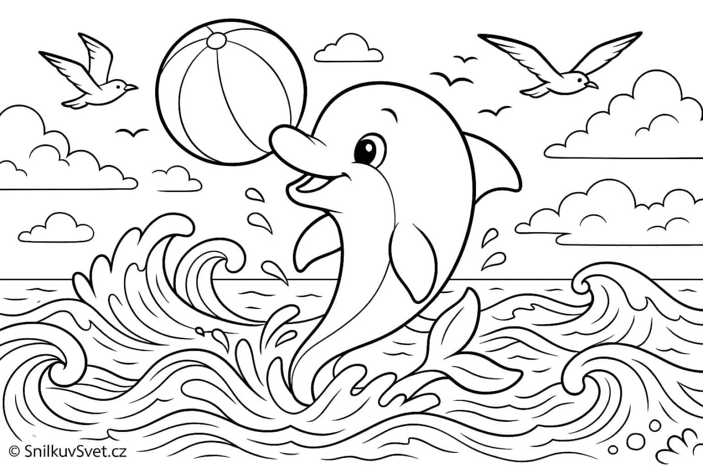 Omalovánka delfín hrající si s balónem