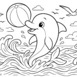 Omalovánka delfína hrajícího si ve vlnách s balónem