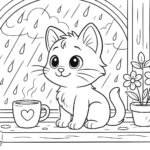 Omalovánka koťátko na okně za deštivého dne