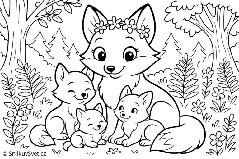 Omalovánka liščí rodinka v lese