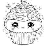 Černobílá omalovánka na téma mufin s krémem a posypkou, s očima a pusou ve stylu kawaii.