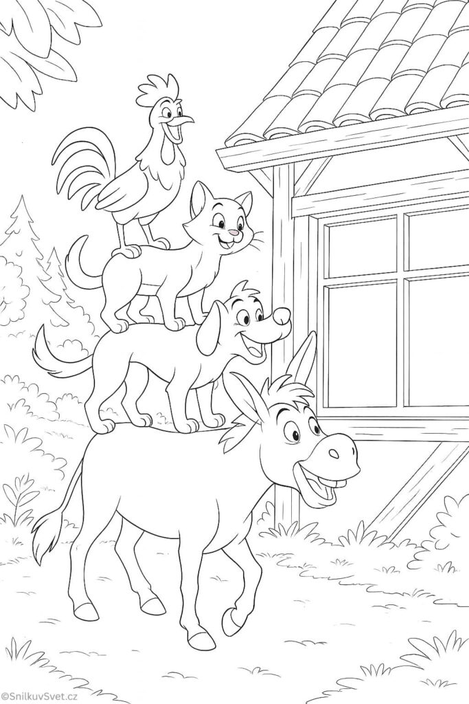 Omalovánka k vytištění k pohádce muzikanti z Brém