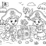 Omalovánka malých pirátů zakopávajících poklad