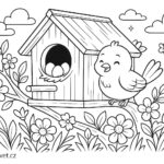 Jarní omalovánka ptáčka u krmítka