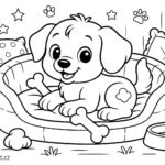 Omalovánka štěňátka v pelíšku s kostičkou